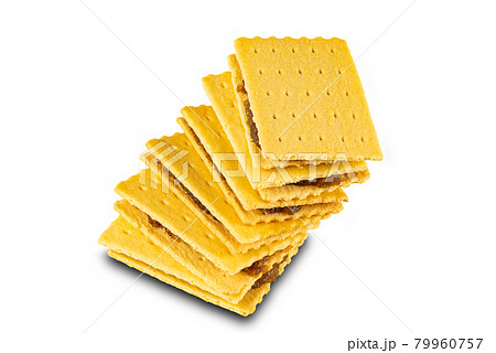 High angle view stack of homemade crispy cheese cake biscuit filled with pineapple jam on white background. High angle view stack of homemade crispy cheese cake biscuit filled with pineapple jam on white background. 79960757