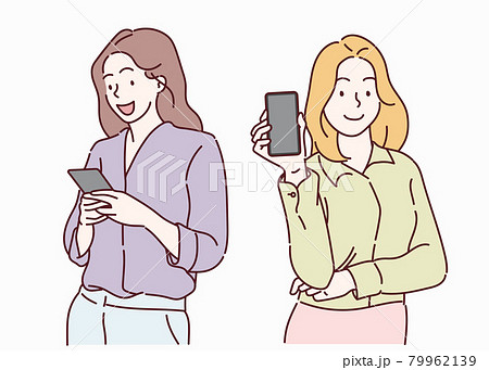Young smiling business woman using smartphone. Hand drawn in thin line style, vector illustrations. 79962139