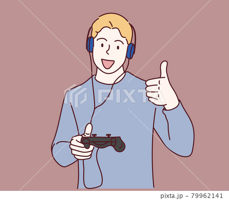 Gamer man with beard playing video game using joystick and headphones happy with big smile doing ok sign, thumb up with fingers. Hand drawn in thin line style, vector illustrations. 79962141