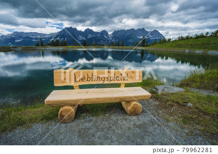 Astberg lake benach with darling little place phrase. Wilderkaiser mountains in background. Ellmau, Austria Astberg lake benach with darling little place phrase. Wilderkaiser mountains in background. Ellmau, Austria 79962281