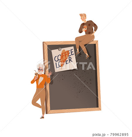 Man Coffee Lover Standing Near Huge Blackboard Drinking Hot Aromatic Beverage Vector Illustration Man Coffee Lover Standing Near Huge Blackboard Drinking Hot Aromatic Beverage Vector Illustration 79962895