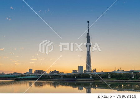 Tokyo, Japan - October 26, 2017 : Tokyo Japan, sunrise city skyline at Sumida River and Sky Tree 79963119