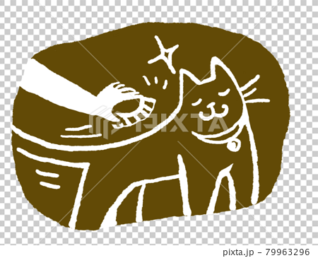 線画で描く猫　ブラッシング中のスッキリ、うっとりする猫とブラシを持つ腕から手 79963296