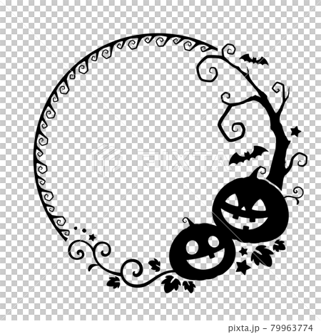 ハロウィンのカボチャと木の飾り枠_丸いフレーム_シルエット素材 79963774