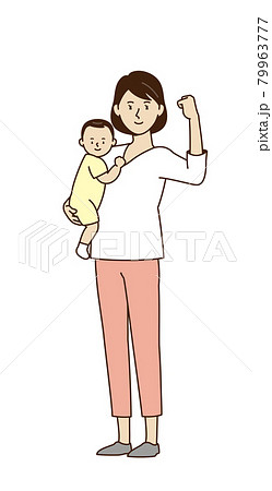 握りこぶしをつくって赤ちゃんを抱っこしている女性のイラスト素材