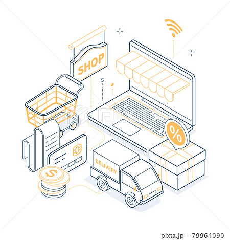Online shopping - isometric yellow and black line illustrations Online shopping - isometric yellow and black line illustrations 79964090