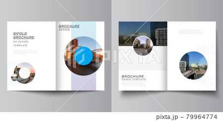 Vector layout of two A4 cover mockups templates for bifold brochure, flyer, magazine, cover design, book design. Background template with rounds, circles for IT, technology. Minimal style. 79964774