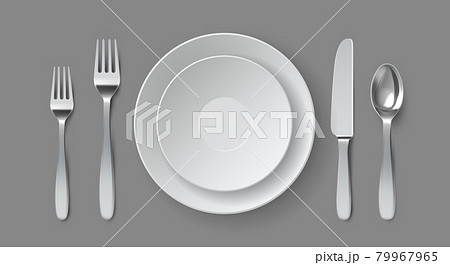 Realistic table serving. Round dining plate with forks, knife and spoon. Restaurant empty dish and cutlery close up top view vector mockup 79967965
