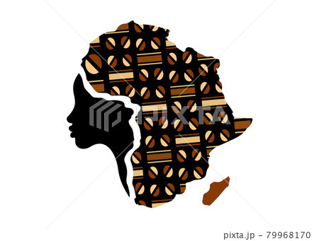 Concept of African woman, face profile silhouette with turban in the shape of a map of Africa. Colorful Afro print fabric, tribal logo design template Vector illustration isolated on white background  79968170