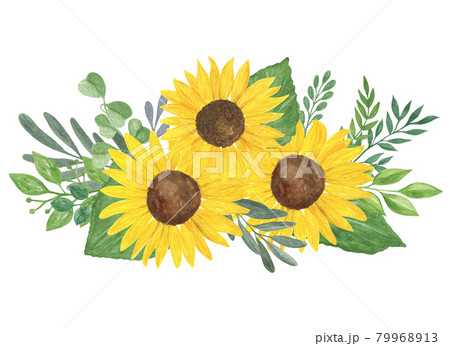 Floral composition, sunflower, leaves watercolor illustration, field agricultural plant summer bouquet, flower, branches, for greeting card, boho decor, wedding invitation template, holiday design Floral composition, sunflower, leaves watercolor illustration, field agricultural plant summer bouquet, flower, branches, for greeting card, boho decor, wedding invitation template, holiday design 79968913