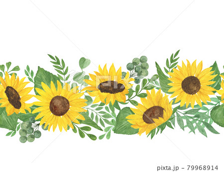 Sunflowers and leaves horizontal border watercolor illustration seamless ornament, perfect for cards, invitations, fabric with copy space Sunflowers and leaves horizontal border watercolor illustration seamless ornament, perfect for cards, invitations, fabric with copy space 79968914