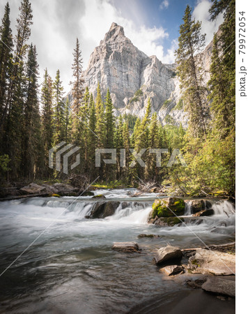 Alpine scenery with river foreground and big mountain in background, shot at Upper Kananaskis Lake trail, Alberta, Canada 79972054