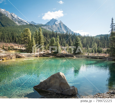 Beautiful alpine scenery with dominant mountain in background and azure tarn in foreground, shot at Ink Pots, Banff National Park, Alberta, Canada Beautiful alpine scenery with dominant mountain in background and azure tarn in foreground, shot at Ink Pots, Banff National Park, Alberta, Canada 79972225