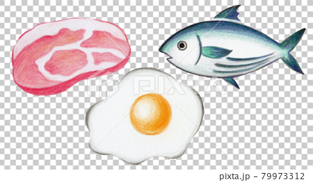 手描きの肉卵魚イラストセットのイラスト素材
