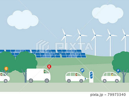 EV充電スタンドで充電する電気自動車。ソーラーパネルと風車の再生可能エネルギーエコイメージ 79973340