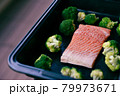 Fresh organic atlantic salmon fillet on baking tray with green broccoli florets as healthy food nutrition and keto diet 79973671