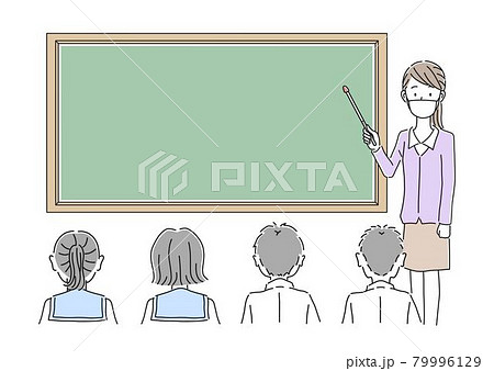 黒板と男子学生と女子学生とマスクをしている女性教師のイラスト素材