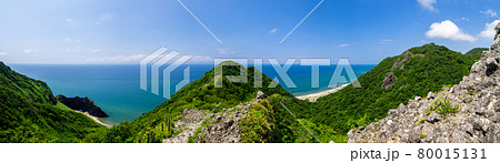 [パノラマ] 山の中腹から海岸を見渡す (角田山、西蒲区、新潟県) 80015131