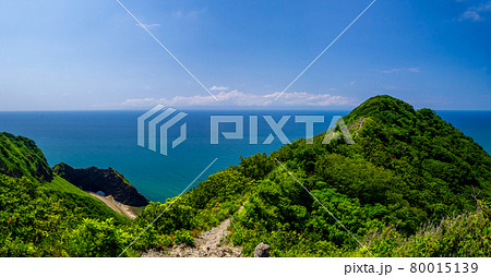 [パノラマ] 山の中腹から海を見渡す (角田山、西蒲区、新潟県) 80015139