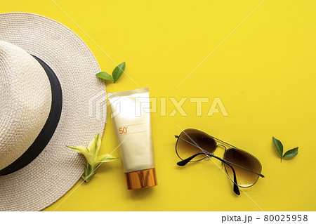 sunscreen spf50 cosmetics health care for skin face with sunglasses and hat of lifestyle woman  80025958