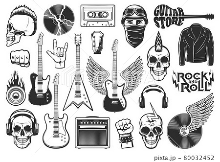 Rock music symbols, musical instruments icons set 80032452