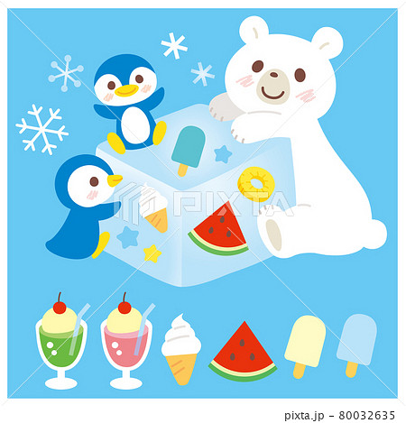 シロクマとペンギンと氷のイラストのイラスト素材
