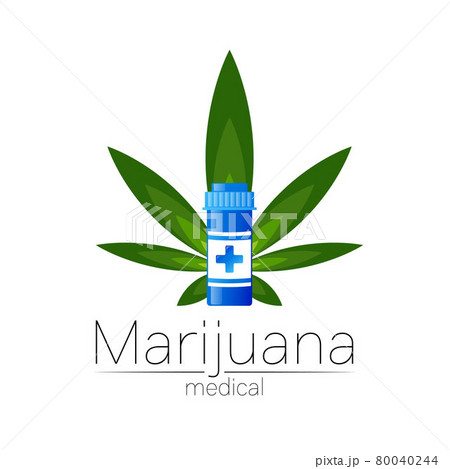 Medical cannabis symbol in vector. Logotype for marijuana, nature herbal medicine, therapy, doctors and store, business. Isolated on white background. Blue and green color. Pill and tablet health care 80040244