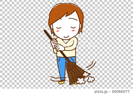 <Whole body / front> A white man in a good mood while wearing dust with a broom <Whole body / front> A white man in a good mood while wearing dust with a broom 80066077