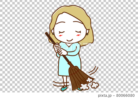 <Whole body / front> A white woman in a good mood while wearing dust with a broom 80066080