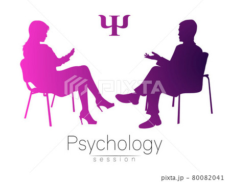 The psychologist and the client. Psychotherapy. Psycho therapeutic session. Psychological counseling. Man woman talking while sitting. Pink violet gradient color 80082041