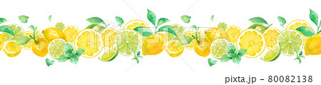 爽やかなシトラスとミントの水彩イラスト。シームレスパターン。装飾ライン小。レモンとライム。 爽やかなシトラスとミントの水彩イラスト。シームレスパターン。装飾ライン小。レモンとライム。 80082138