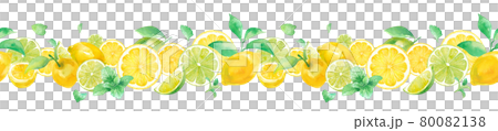 爽やかなシトラスとミントの水彩イラスト。シームレスパターン。装飾ライン小。レモンとライム。 爽やかなシトラスとミントの水彩イラスト。シームレスパターン。装飾ライン小。レモンとライム。 80082138