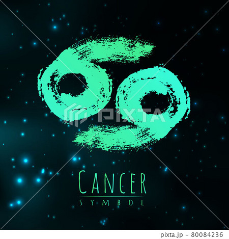 Vector abstract zodiac sign Cancer on a dark cosmic background of the space with shining stars. Nebula in form of zodiac sign Cancer . Abstract brush stroke sign. Bright modern gradient symbol. Logo 80084236