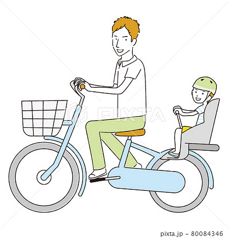 手書き線画カラーイラスト パパと息子 二人乗り自転車 夏のイラスト素材