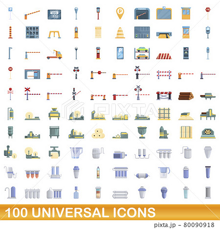 100 universal icons set, cartoon style 80090918