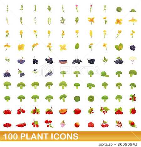 100 plant icons set, cartoon style 80090943