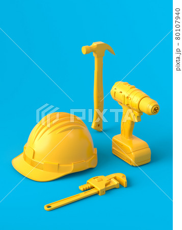Isometric view of monochrome construction tools for repair on blue and yellow 80107940