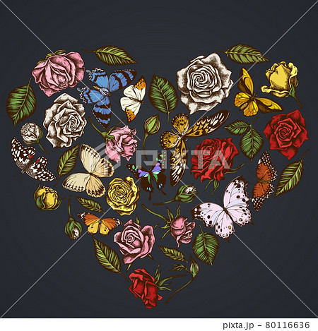 Heart floral design on dark background with lemon butterfly, red lacewing, african giant swallowtail Heart floral design on dark background with lemon butterfly, red lacewing, african giant swallowtail 80116636