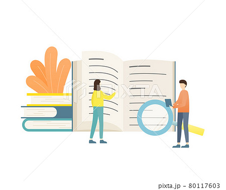 本と人物のイラスト 知識 アイディア ビジネス 勉強 ひらめき 学習 シンプル 男性 女性 人のイラスト素材