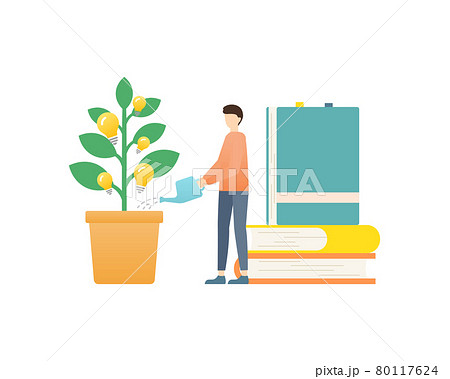 アイディアの木に水をあげる男性のイラスト　本　知識　育てる　水をあげる　ビジネス　アイデア　ひらめき 80117624