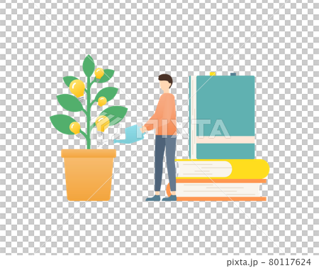 アイディアの木に水をあげる男性のイラスト　本　知識　育てる　水をあげる　ビジネス　アイデア　ひらめき 80117624