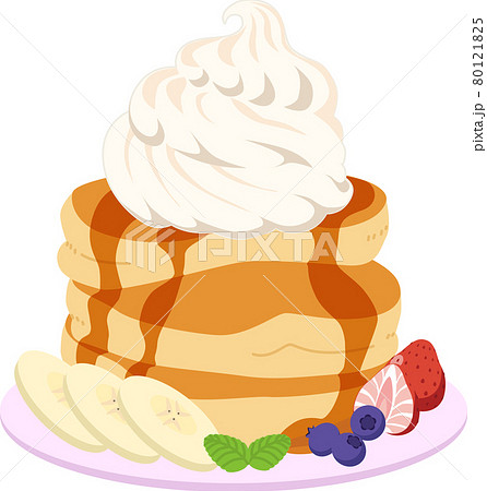 生クリームがたっぷりと乗ったパンケーキ フルーツ添えのイラスト素材