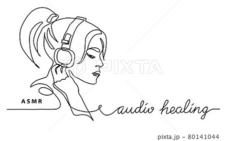 ASMR concept.Girl, woman in headphones simple vector banner, poster, background. One continuous line drawing with text audio healing ASMR concept.Girl, woman in headphones simple vector banner, poster, background. One continuous line drawing with text audio healing 80141044