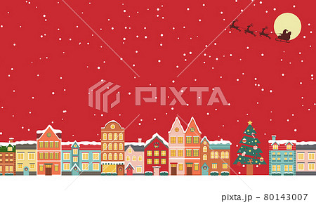 冬のクリスマスの街並みのベクターイラスト背景(風景,フレーム,xmas.X'mas,町並み,雪) 80143007