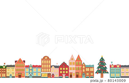 冬のクリスマスの街並みのベクターイラスト背景 風景 フレーム Xmas X Mas 町並み 雪 のイラスト素材