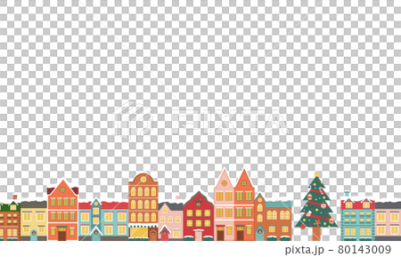冬のクリスマスの街並みのベクターイラスト背景(風景,フレーム,xmas.X'mas,町並み,雪) 80143009