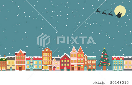 冬のクリスマスの街並みのベクターイラスト背景 風景 フレーム Xmas X Mas 町並み 雪 のイラスト素材