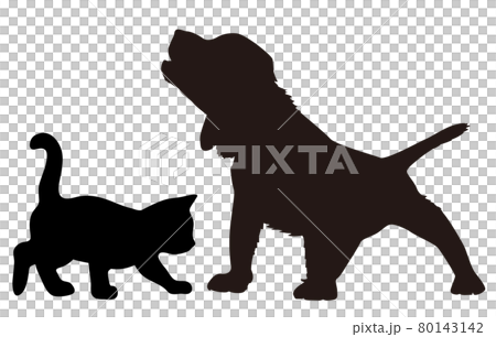 2匹の子犬と子猫のシルエットのイラストセットのイラスト素材