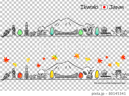 Simple line drawing set of the cityscape of Ibaraki in autumn 80145341