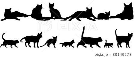 6匹の並んで座っている猫と 7匹の立っている猫のシルエットのイラストセットのイラスト素材